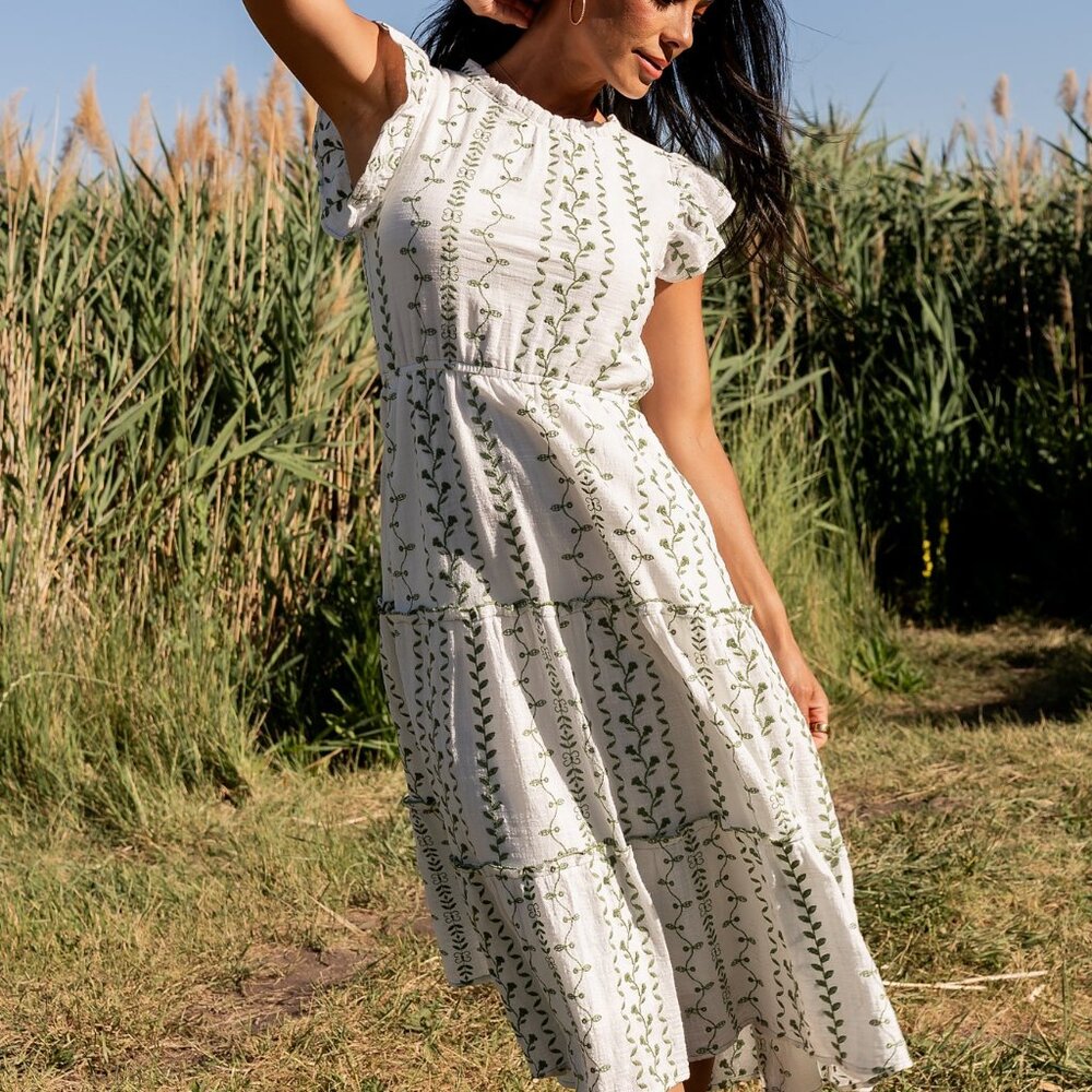 Baltic Born Frida Embroidered Midi Dress | White + Green Print Size L